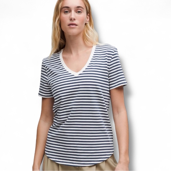 LULULEMON Love V-Neck - 14 Narrow Bold Stripe Club Blue/White - Picture 1 of 12